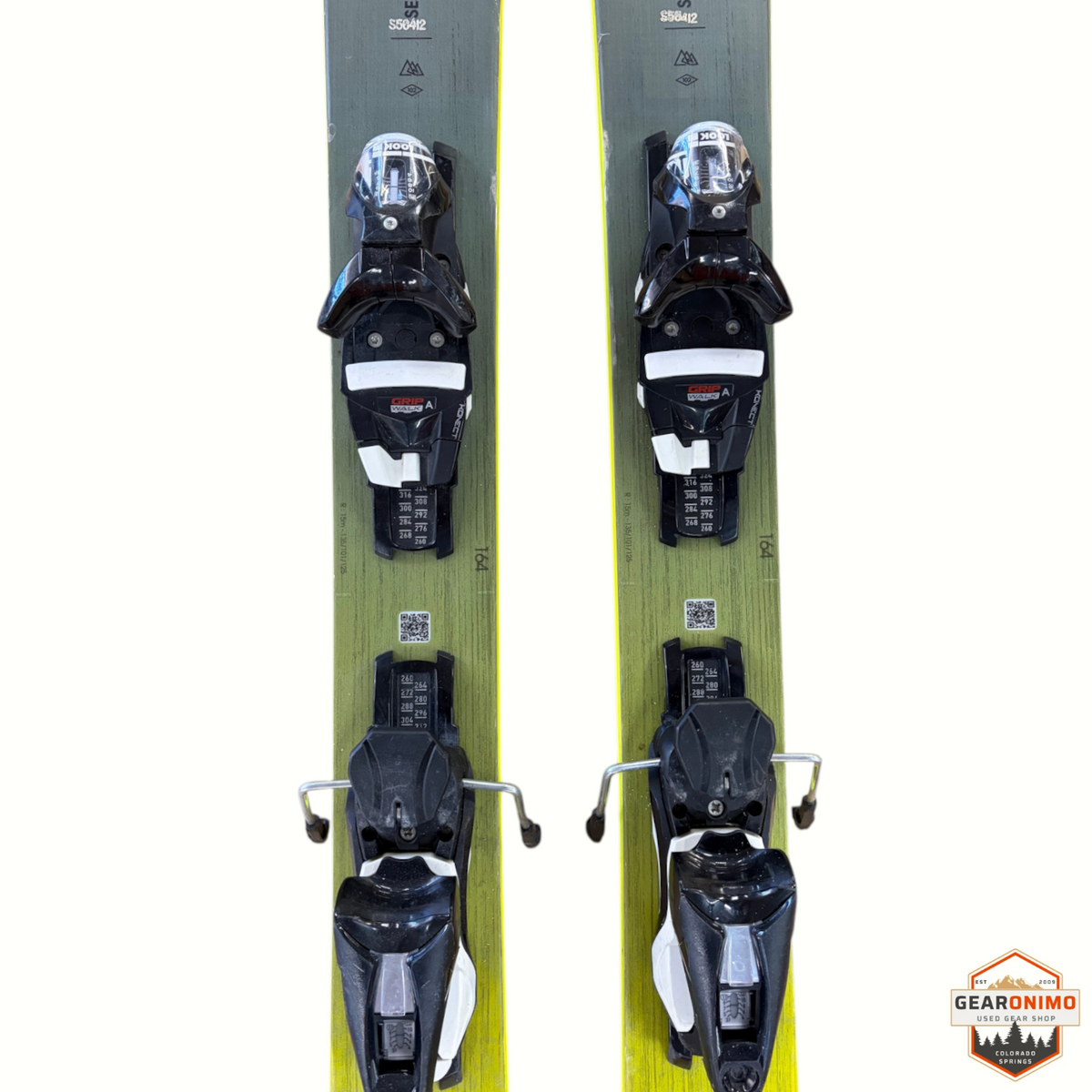 Gearonimo Sports Rossignol Sender Soul 102 skis in olive green with black and white Look Nx 12 bindings, 164cm length
