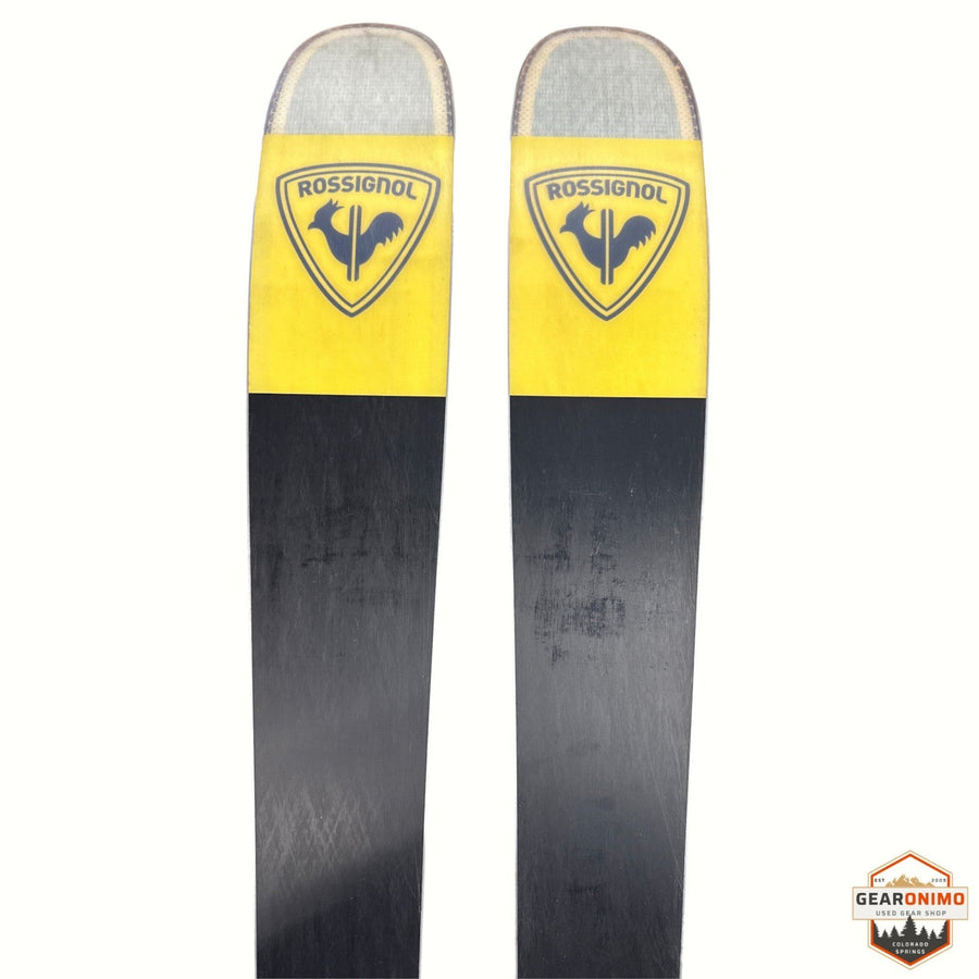 Gearonimo Sports Rossignol Sender Soul 102 skis featuring a yellow and black design with the iconic rooster logo.