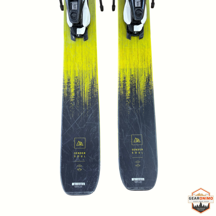 Gearonimo Sports Rossignol Sender Soul 102 skis with Look Nx 12 bindings, featuring a yellow and black forest graphic.