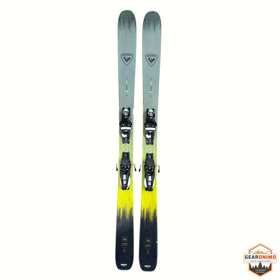 Gearonimo Sports Rossignol Sender Soul 102 skis in a green and yellow gradient design with mounted bindings