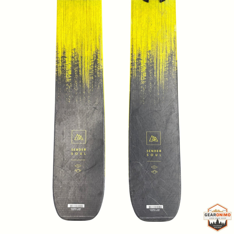 Gearonimo Sports Rossignol Sender Soul 102 skis in yellow and black with a forest graphic design