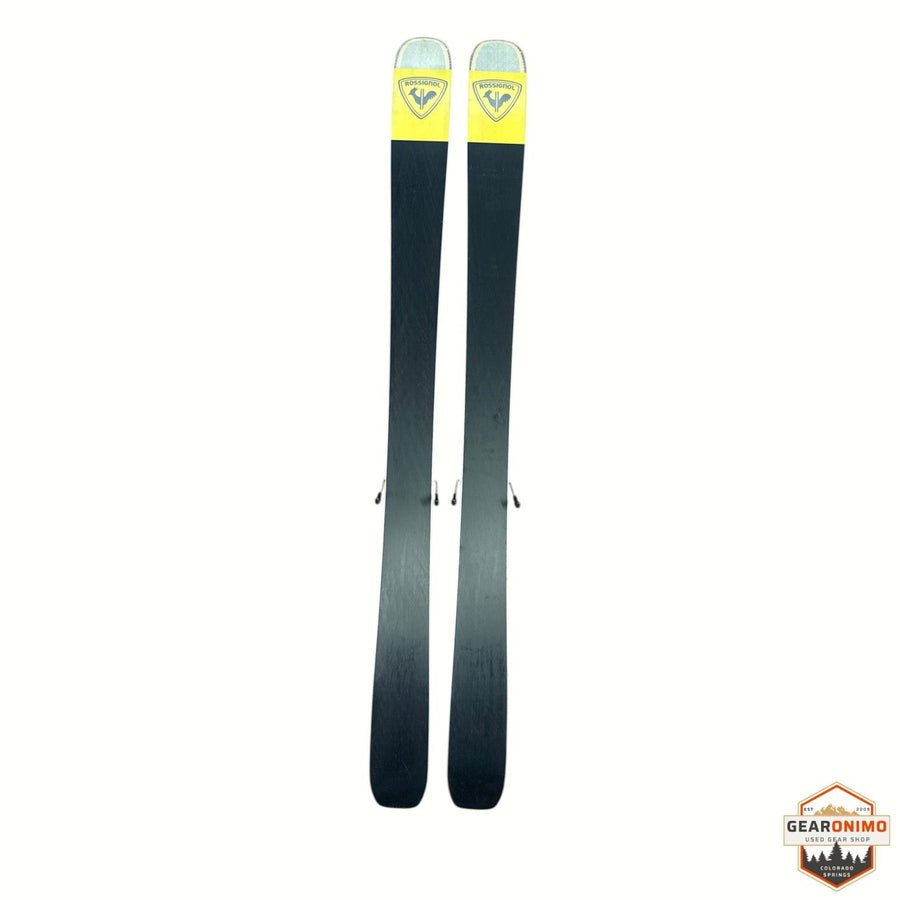 Gearonimo Sports Rossignol Sender Soul 102 skis in black with yellow tips, 172 cm length, top-down view.
