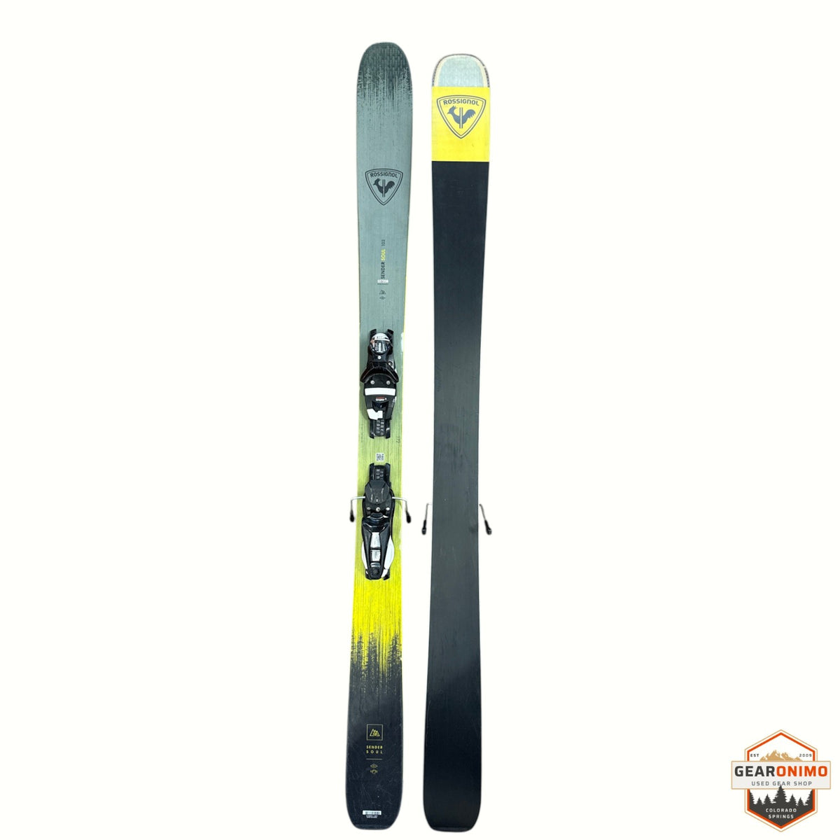 Gearonimo Sports Rossignol Sender Soul 102 skis in grey and yellow with mounted bindings, 172 cm length