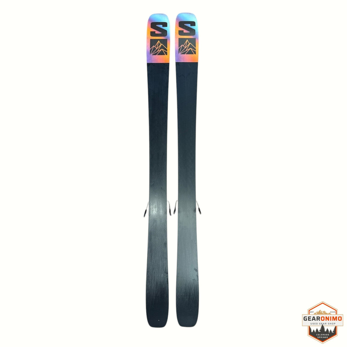 Gearonimo Sports Salomon QST 92 skis in 160 cm length featuring a black base and vibrant mountain graphic tips
