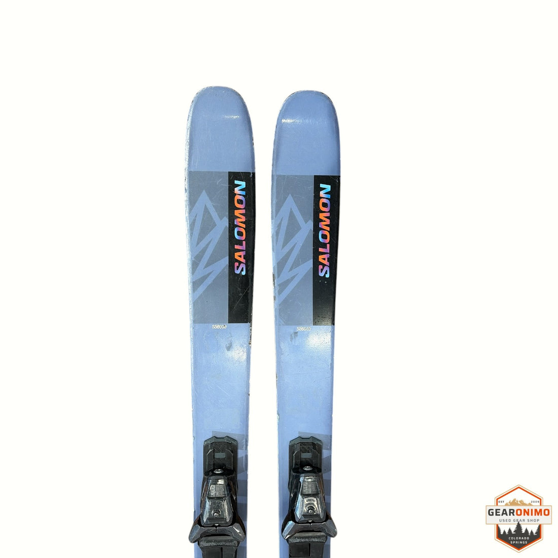 Gearonimo Sports Salomon QST 92 skis in light blue with iridescent branding, 160 cm length, front view.