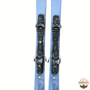 Gearonimo Sports Salomon QST 92 skis in light blue with mounted black bindings, 160 cm length, top-down view.