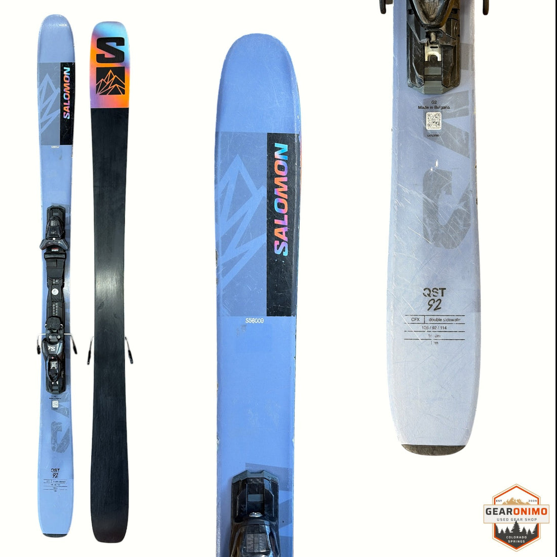 Gearonimo Sports Salomon QST 92 skis in light blue with black bindings and vibrant mountain logo branding
