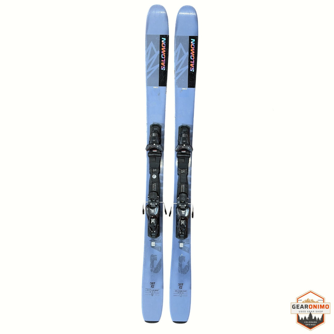 Gearonimo Sports Salomon QST 92 skis in light blue with mounted bindings, 160 cm length for all-mountain performance.