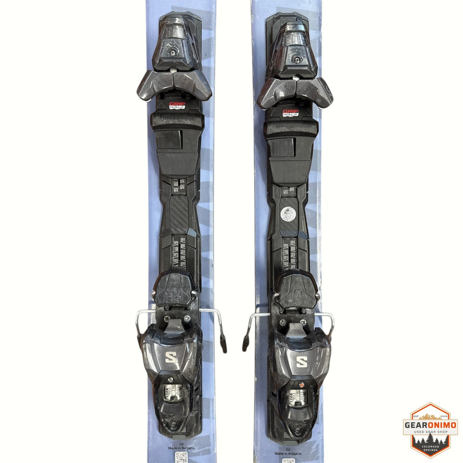 Gearonimo Sports Salomon QST 92 skis in 160 cm length with mounted black GripWalk bindings, top-down view