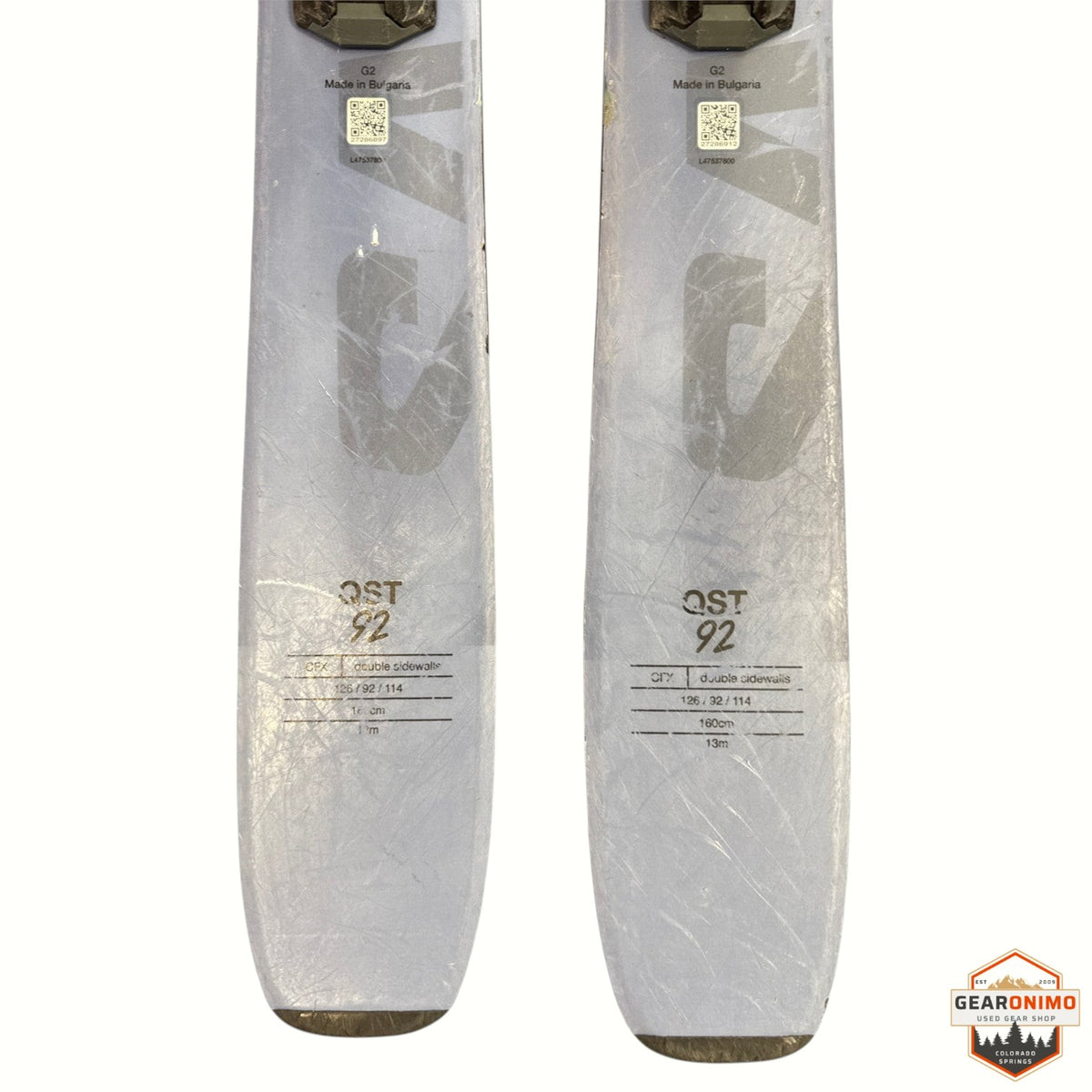 Gearonimo Sports Salomon QST 92 skis in 160 cm length with grey topsheet and visible technical specifications