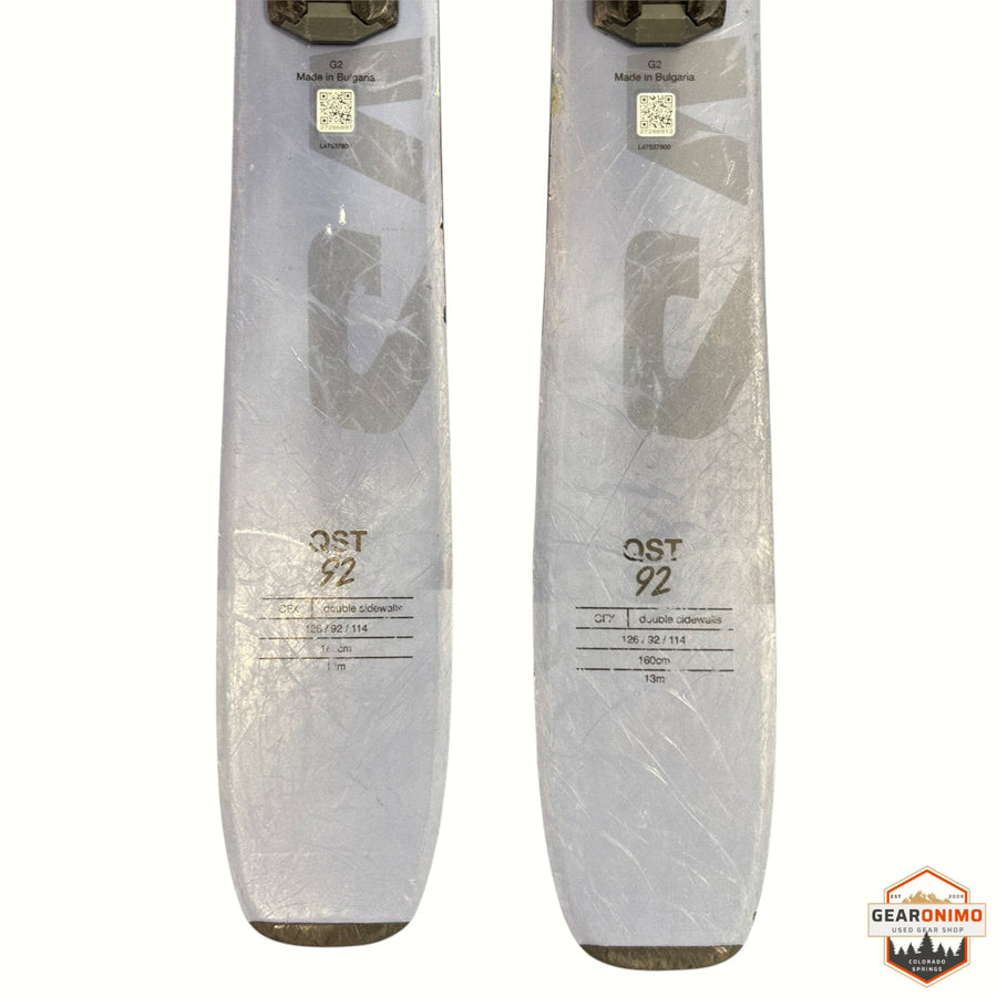 Gearonimo Sports Salomon QST 92 skis in 160 cm length with grey topsheet and visible technical specifications