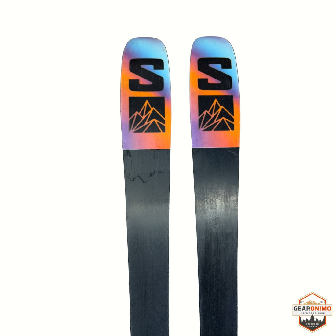 Gearonimo Sports Salomon QST 92 skis featuring a black base and iridescent mountain graphic on the tips
