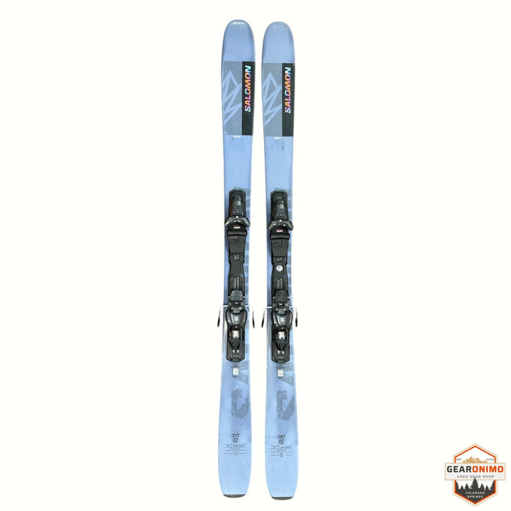 Gearonimo Sports Salomon QST 92 skis in light blue with mounted bindings, 160 cm length, top-down view.
