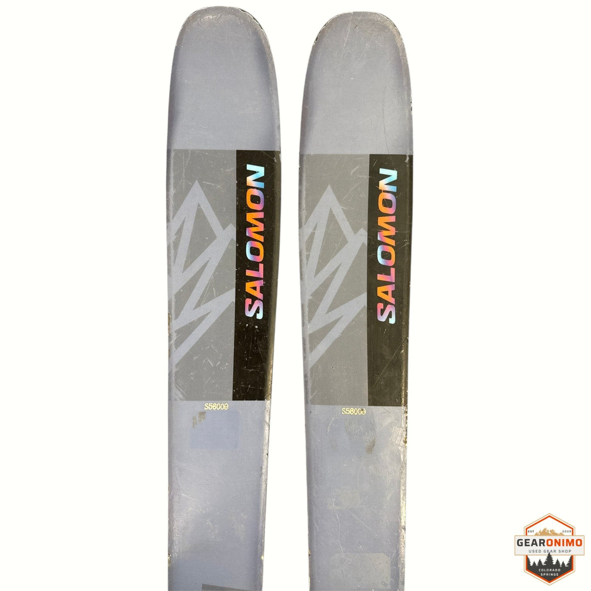 Gearonimo Sports Salomon QST 92 skis in grey with iridescent branding, 160 cm length, showing top sheet wear.