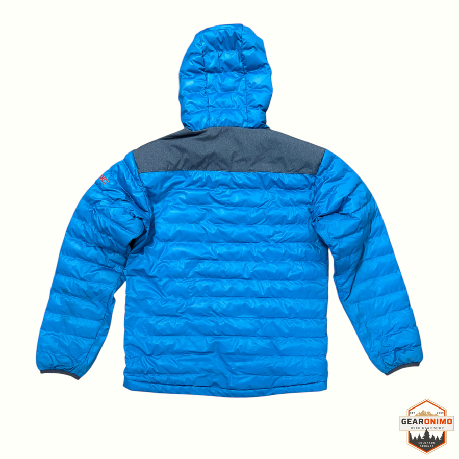 Gearonimo Sports SYNC Performance blue hooded stretch puffy jacket, back view showing grey shoulder panel detail.