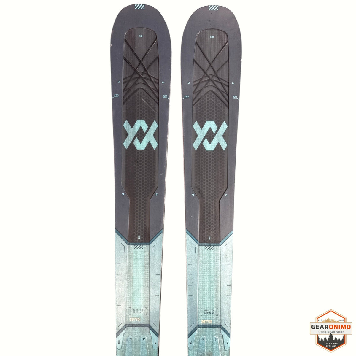 Gearonimo Sports Volkl Mantra 88 skis in 177 cm length, featuring a dark grey and teal graphic design