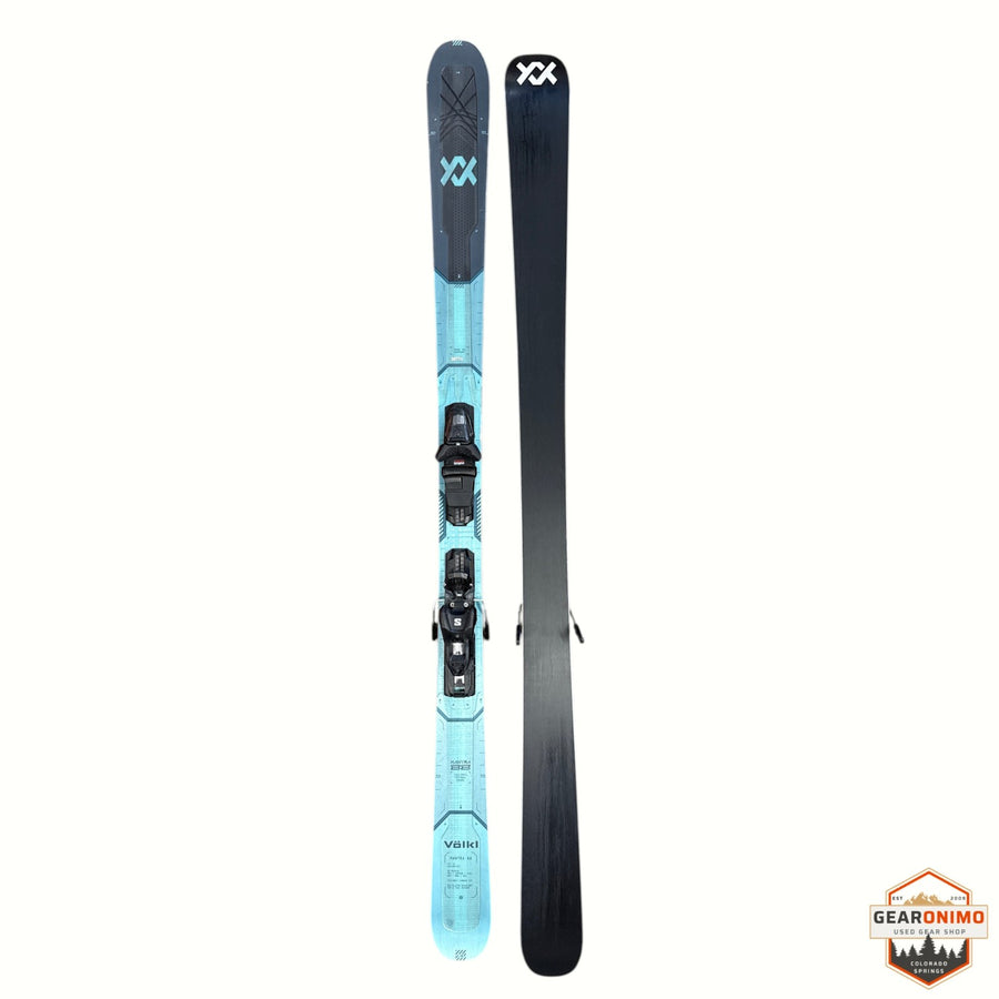 Gearonimo Sports Volkl Mantra 88 skis in light blue and black with mounted bindings, 177 cm length