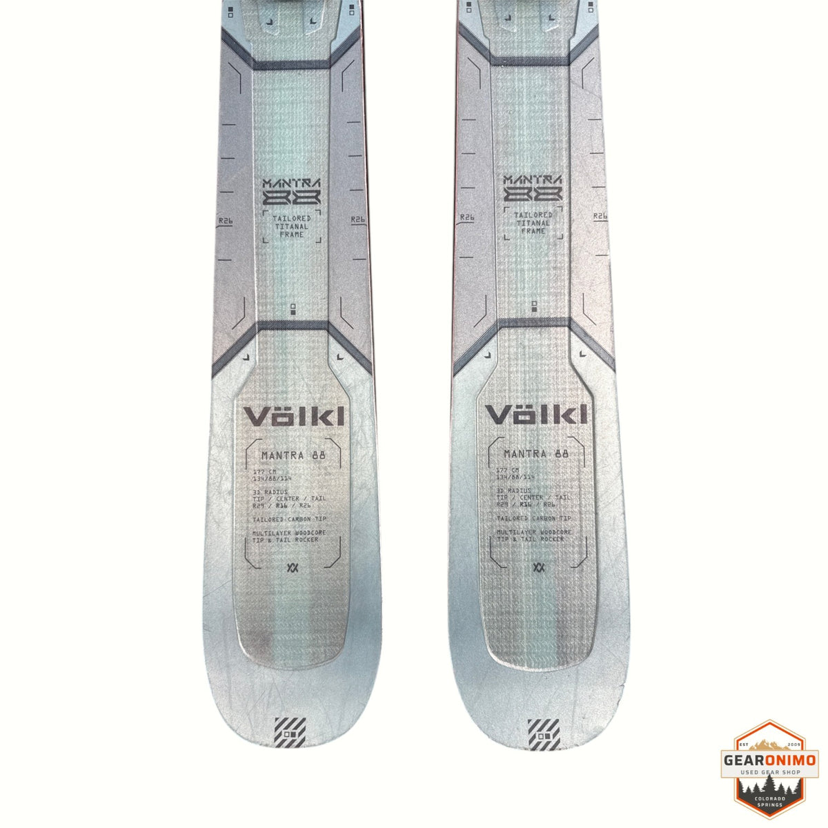 Gearonimo Sports Volkl Mantra 88 skis in 177 cm length featuring a grey tailored titanal frame and woodcore design.