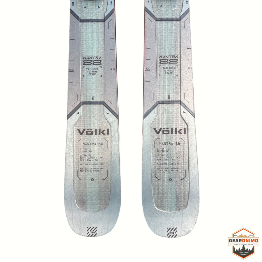 Gearonimo Sports Volkl Mantra 88 skis in 177 cm length featuring a grey tailored titanal frame and woodcore design.