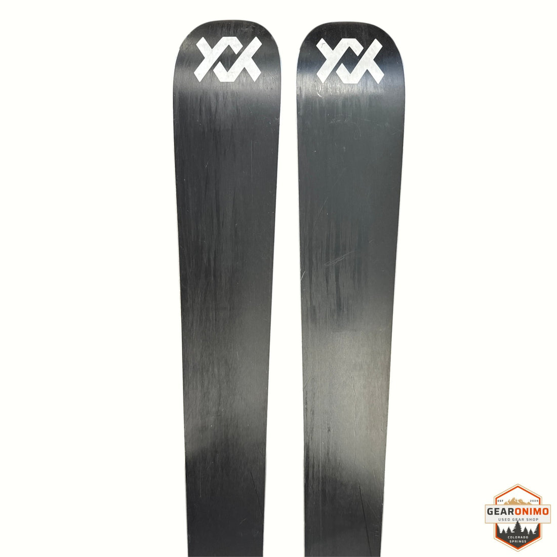 Gearonimo Sports Volkl Mantra 88 skis in black with white logo, 177 cm length, shown from the top down.