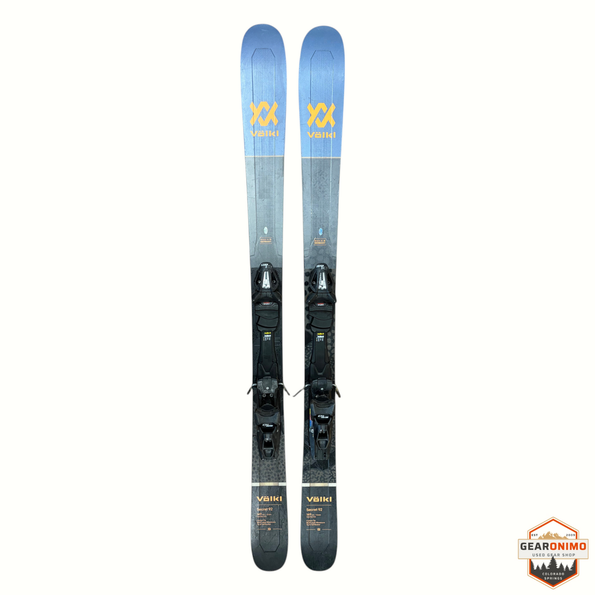 Gearonimo Sports Völkl Secret 92 skis in blue and grey with Tyrolia SP 10 bindings, size 149 cm.