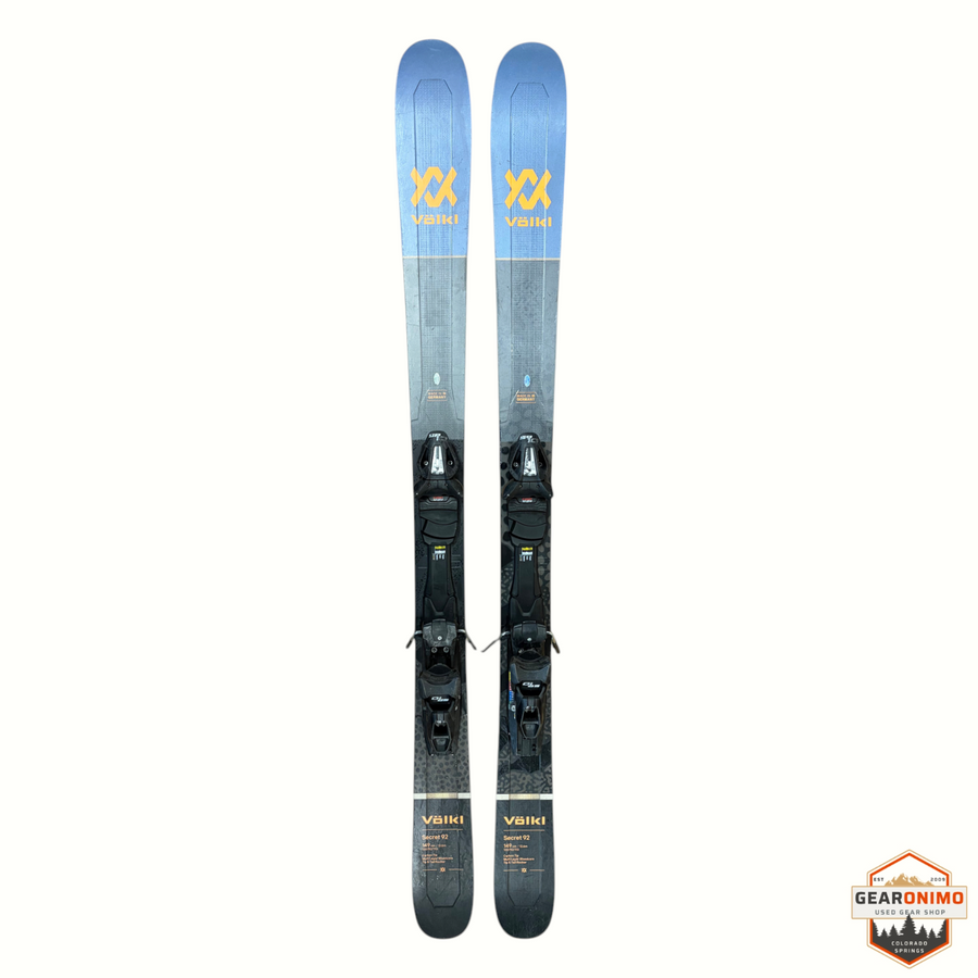 Gearonimo Sports Völkl Secret 92 skis in blue and grey with Tyrolia SP 10 bindings, size 149 cm.
