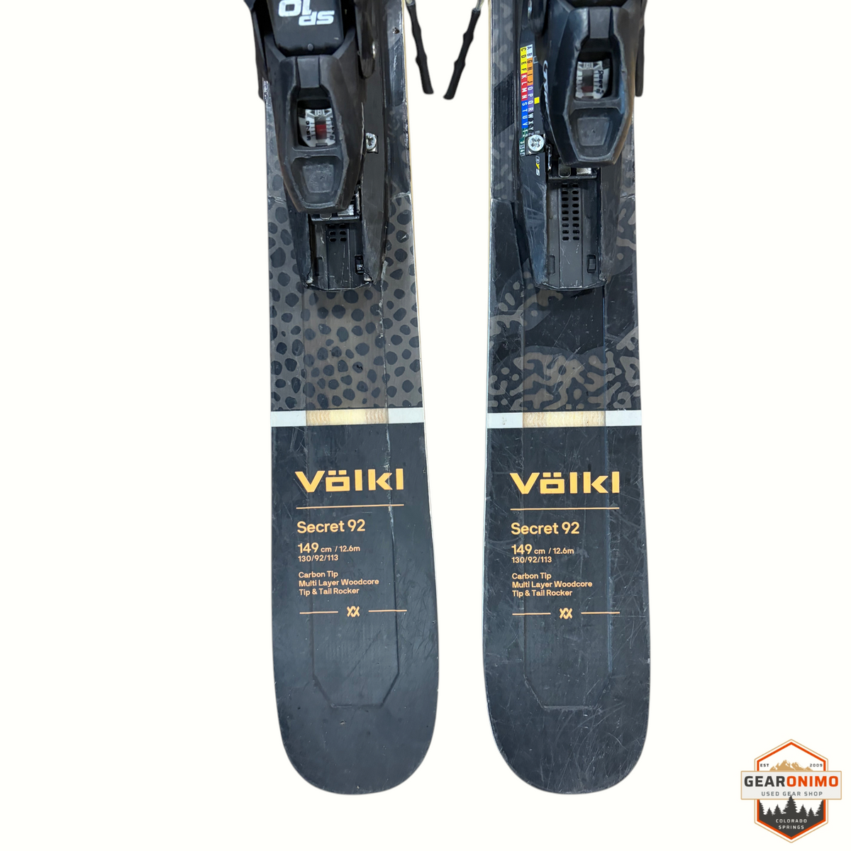 Gearonimo Sports Völkl Secret 92 skis in black with leopard print detail and Tyrolia SP 10 bindings, 149 cm length.