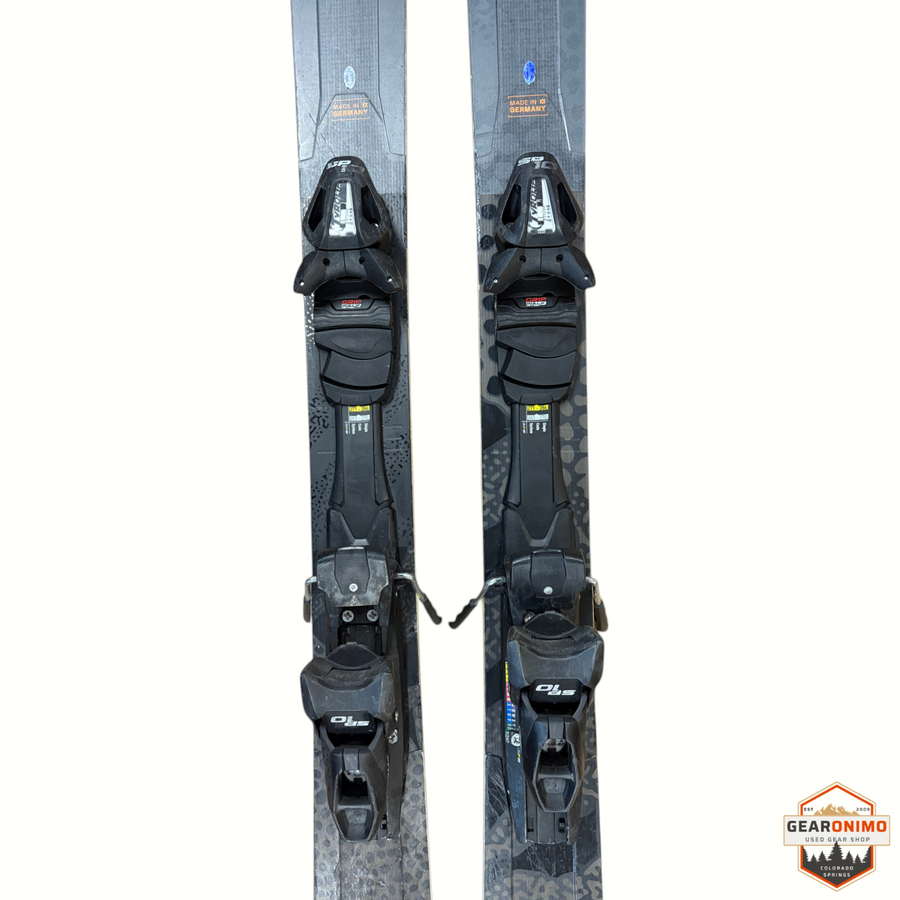 Gearonimo Sports Völkl Secret 92 skis with black Tyrolia SP 10 bindings, top-down view of 149 cm length skis.