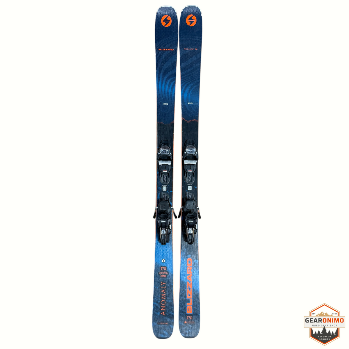 Gearonimo Sports Blizzard Anomaly 88 skis in blue with Marker Tcx 11 bindings, 170cm length, top-down view.