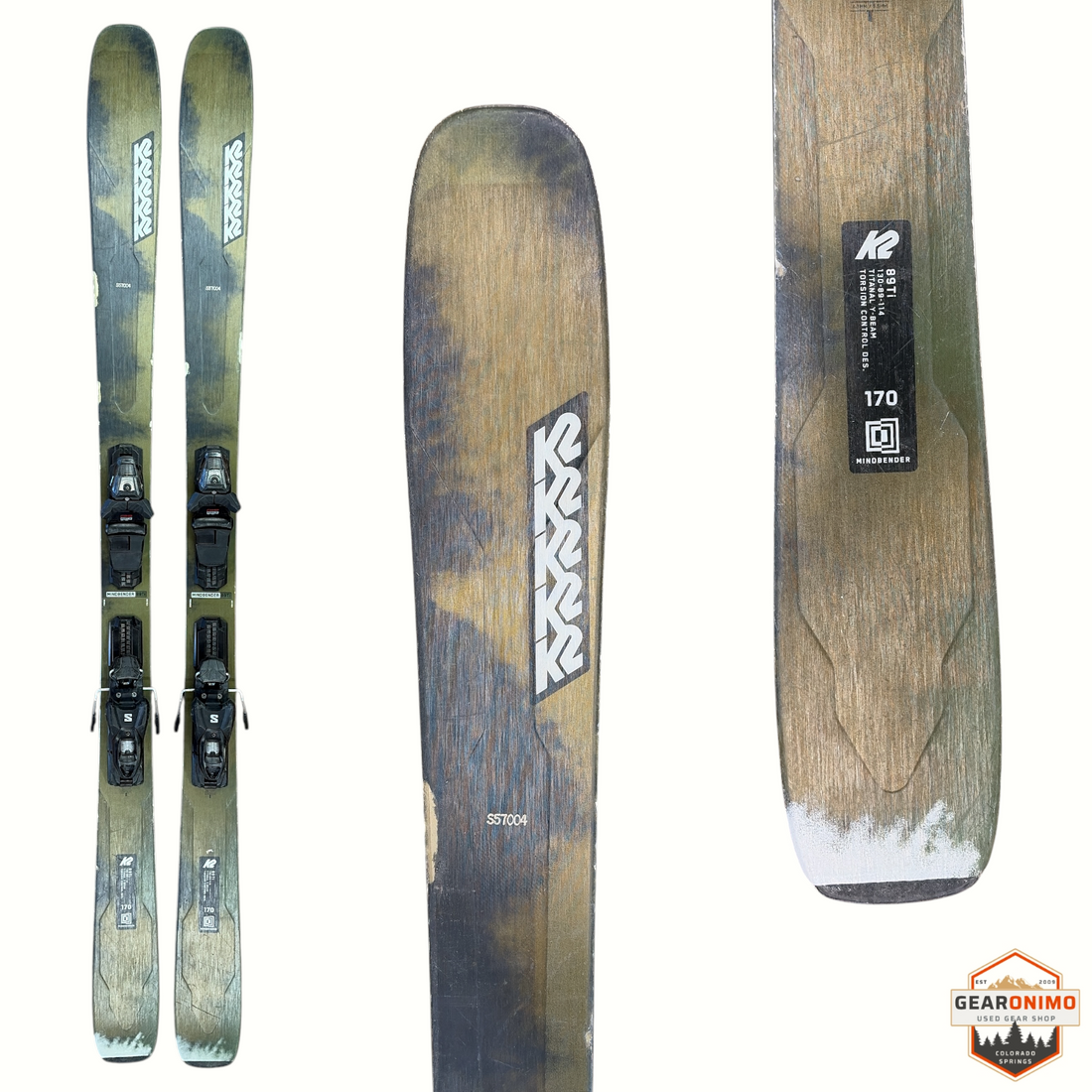 Three views of a K2 Outdoors 170 ski shown on a white background: full side view with bindings, full base view, and a close-up of the base with K2 branding and size information.