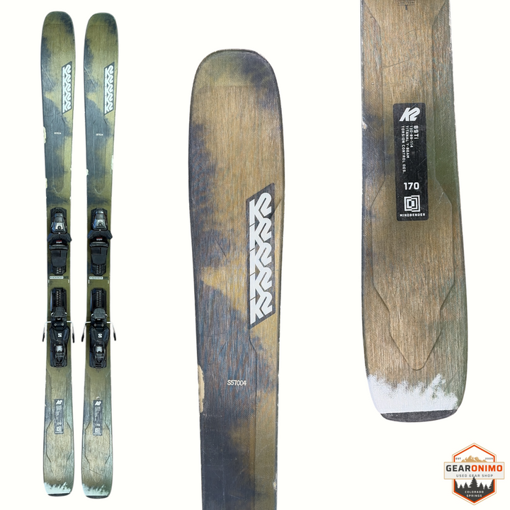 Three views of a K2 Outdoors 170 ski shown on a white background: full side view with bindings, full base view, and a close-up of the base with K2 branding and size information.