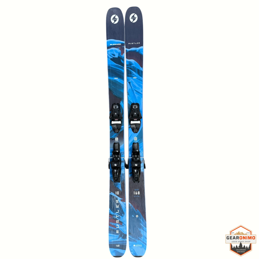Gearonimo Sports Blizzard Rustler 10 skis in blue and black with Salomon Strive 11 bindings, 168cm length