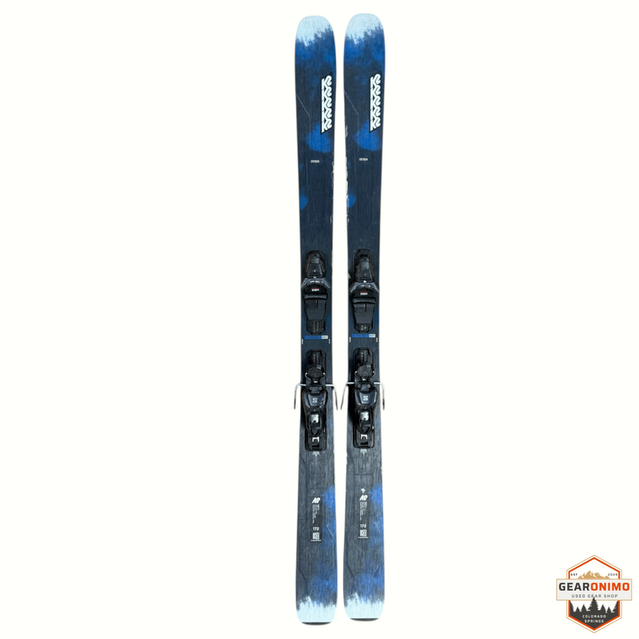 Gearonimo Sports K2 Mindbender 99ti skis in blue and black with Salomon M11 bindings, 172cm length