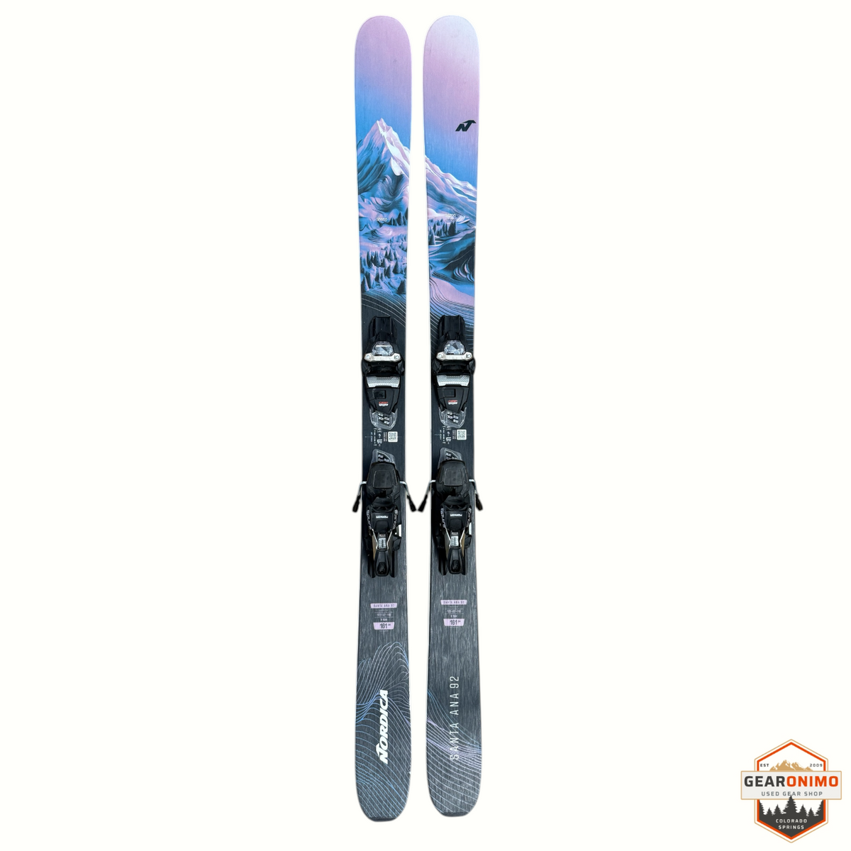 Gearonimo Sports Nordica Santa Ana 92 skis with Marker Squire 11 bindings, featuring a mountain graphic top sheet.