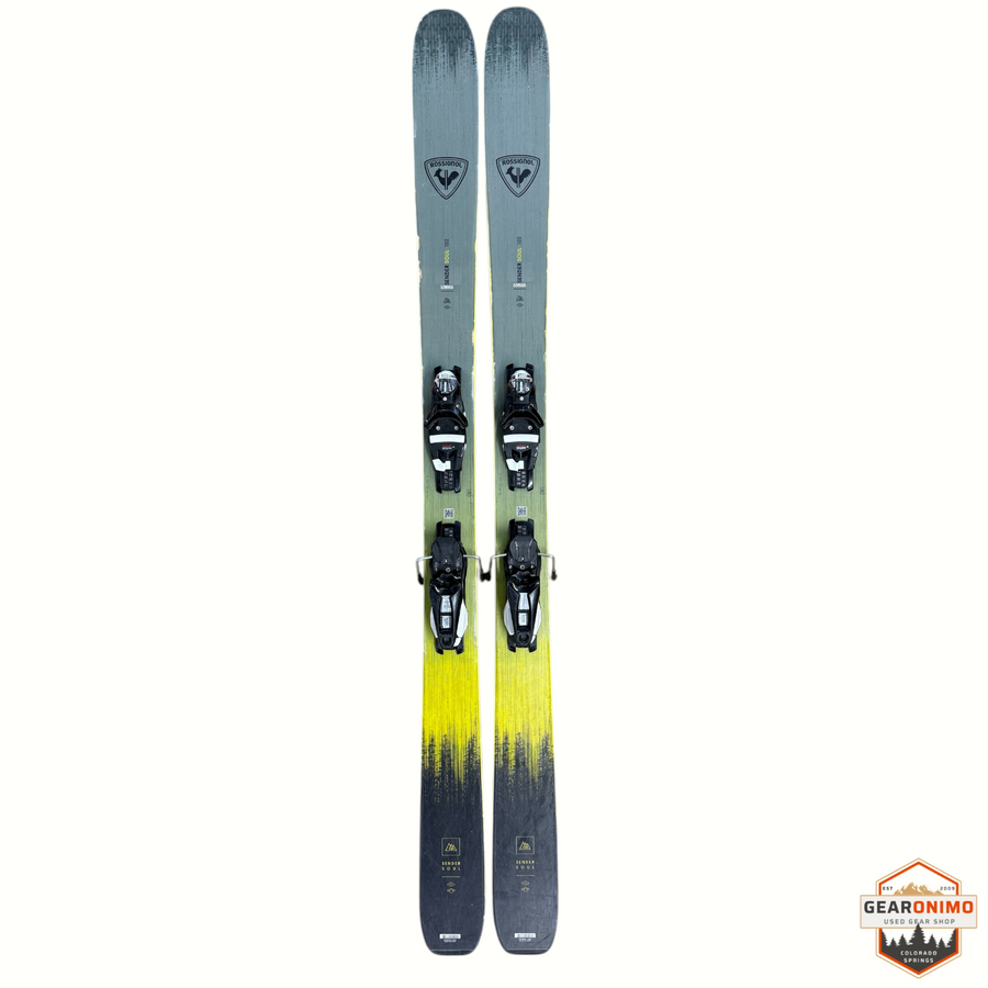 Gearonimo Sports Rossignol Sender Soul 102 skis in grey and yellow with Look Nx 12 bindings, 180cm length