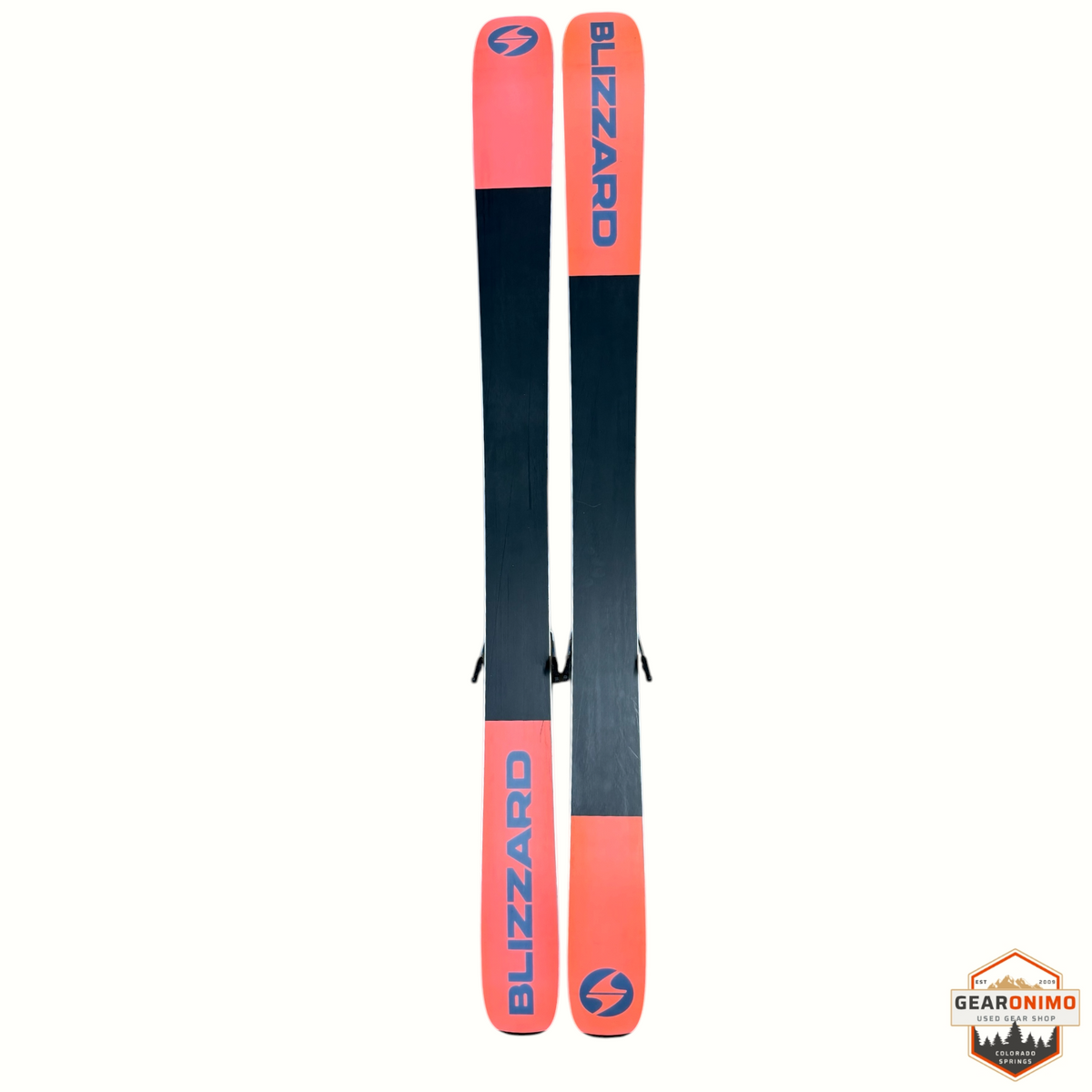 Gearonimo Sports Blizzard Rustler 10 skis in orange and black with Salomon Strive 11 bindings, 168cm length