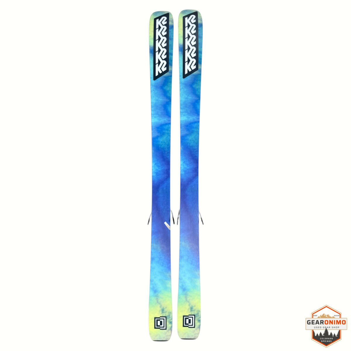 Gearonimo Sports K2 Mindbender 99ti skis with blue and yellow watercolor design and Salomon M11 bindings