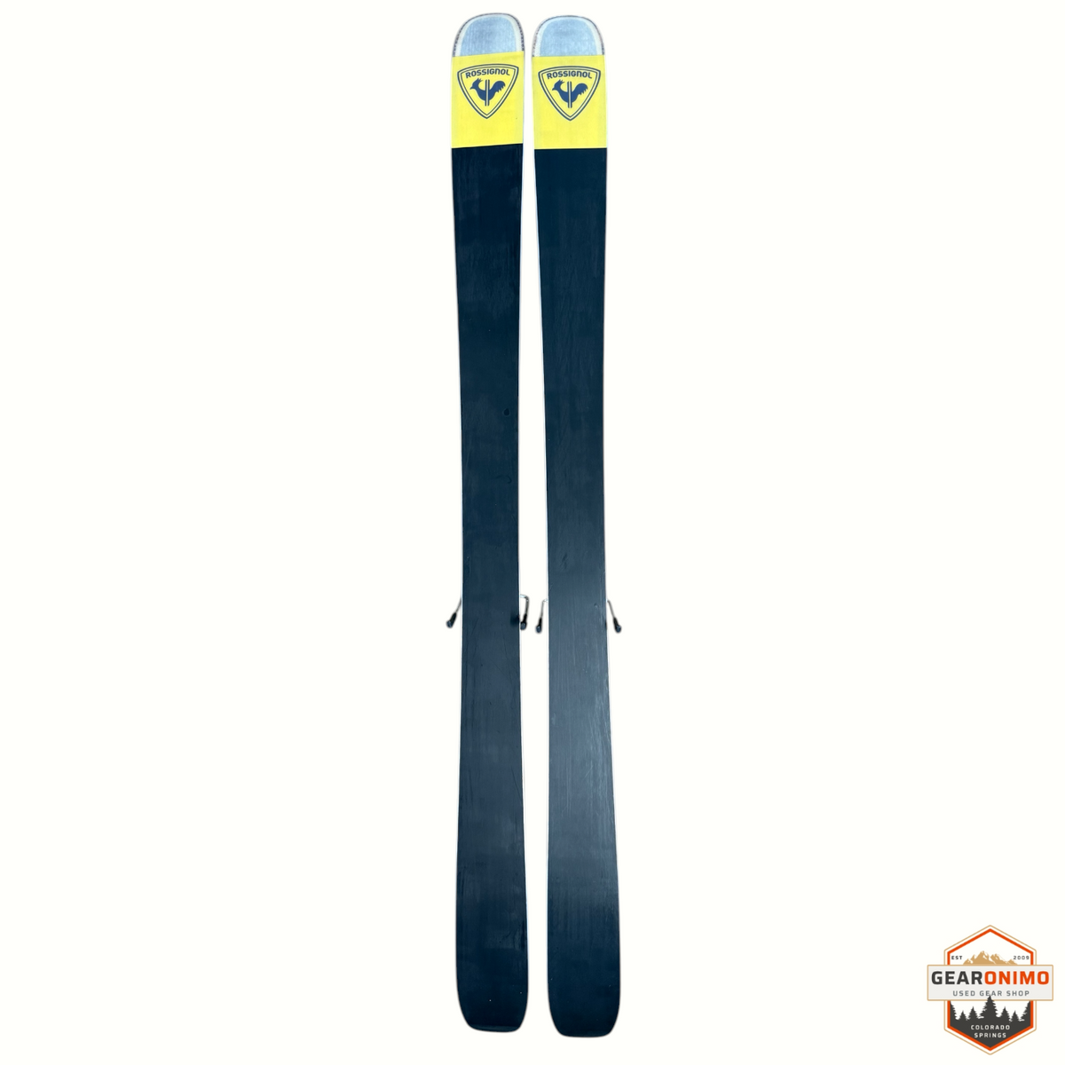 Gearonimo Sports Rossignol Sender Soul 102 skis with Look Nx 12 bindings, featuring black bases and yellow tips.