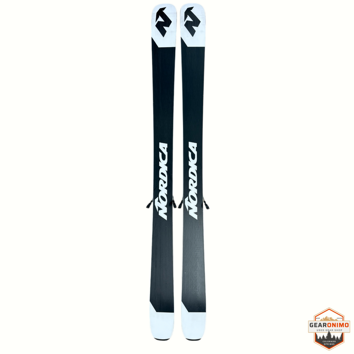 Gearonimo Sports Nordica Santa Ana 92 skis in black and white with Marker Squire 11 bindings, 161cm length.