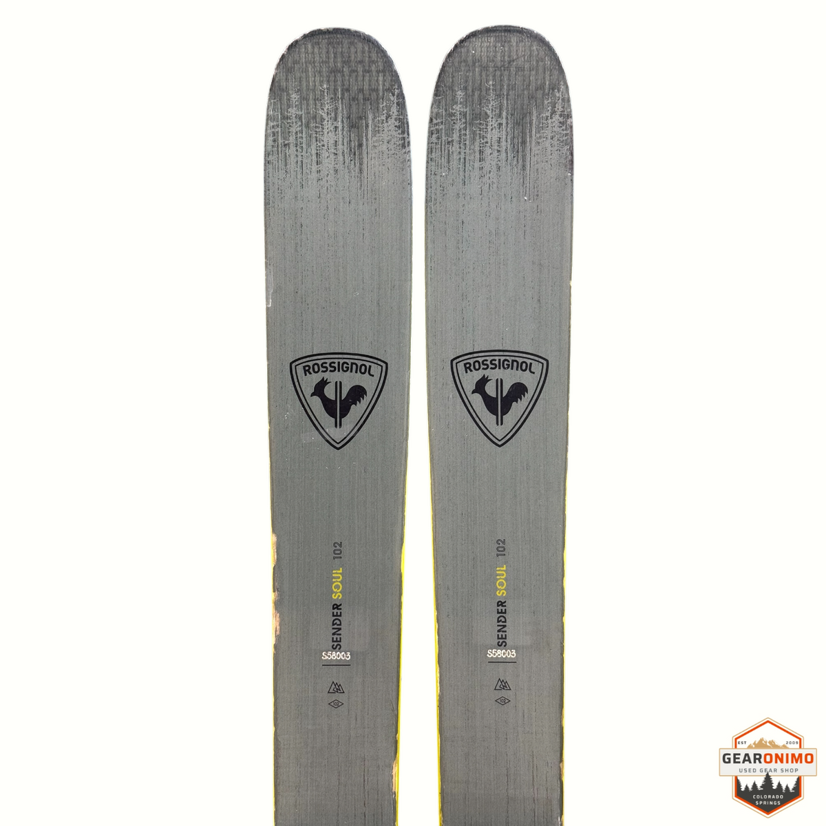 Gearonimo Sports Rossignol Sender Soul 102 skis in grey with black branding and Look Nx 12 bindings, 180cm length