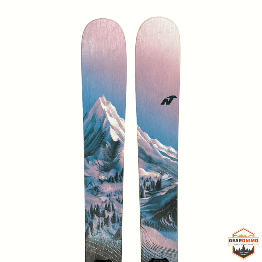 Gearonimo Sports Nordica Santa Ana 92 skis featuring a pink and blue mountain landscape graphic design