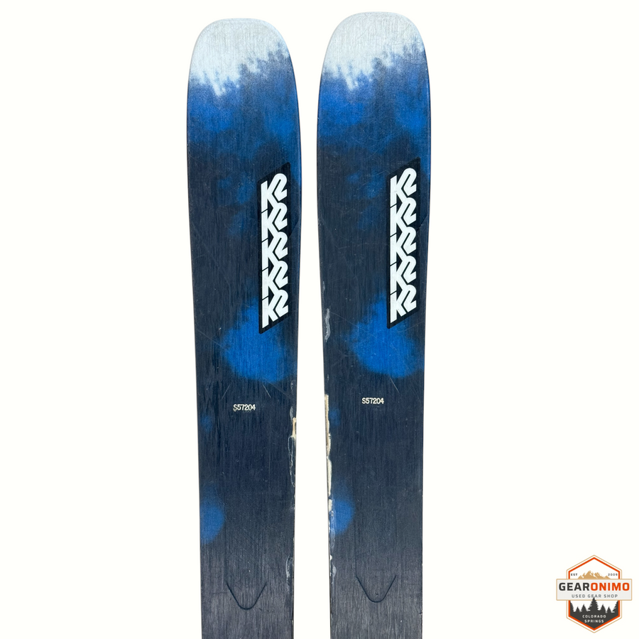 Gearonimo Sports K2 Mindbender 99ti skis in blue and black with white logo branding, 172cm length