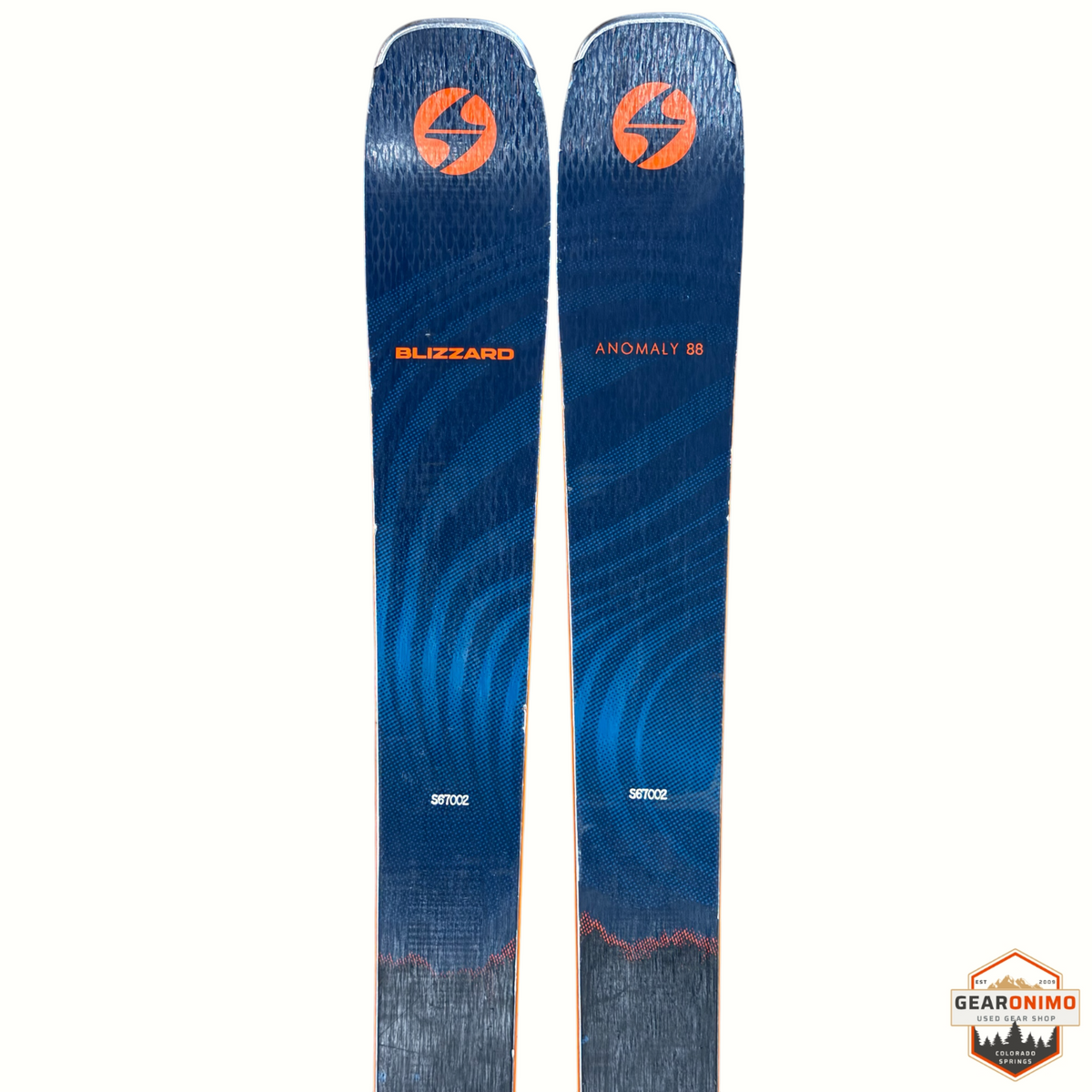Gearonimo Sports Blizzard Anomaly 88 skis in blue with orange branding and graphics, 170cm length.
