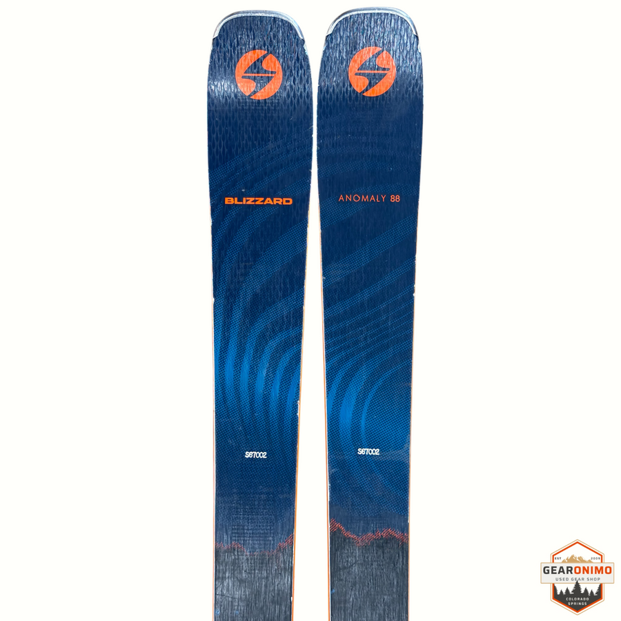 Gearonimo Sports Blizzard Anomaly 88 skis in blue with orange branding and graphics, 170cm length.