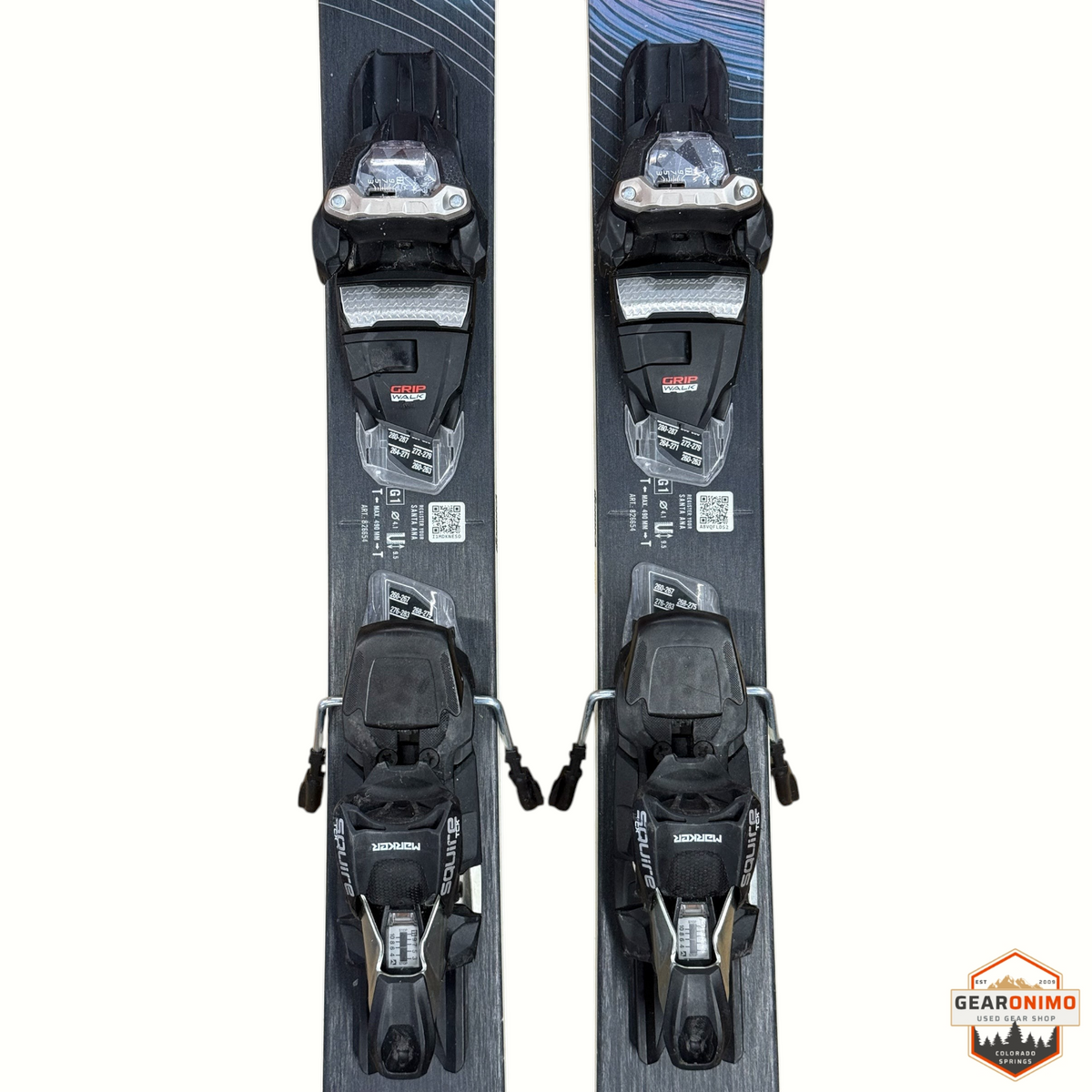 Gearonimo Sports Nordica Santa Ana 92 skis with Marker Squire 11 bindings, size 161cm, top-down view.