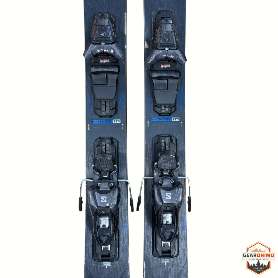 Gearonimo Sports K2 Mindbender 99ti skis in dark grey with pre-mounted Salomon M11 bindings, 172cm length