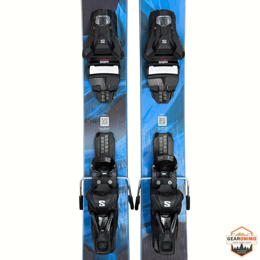 Gearonimo Sports Blizzard Rustler 10 skis in blue with pre-mounted black Salomon Strive 11 bindings, top-down view.