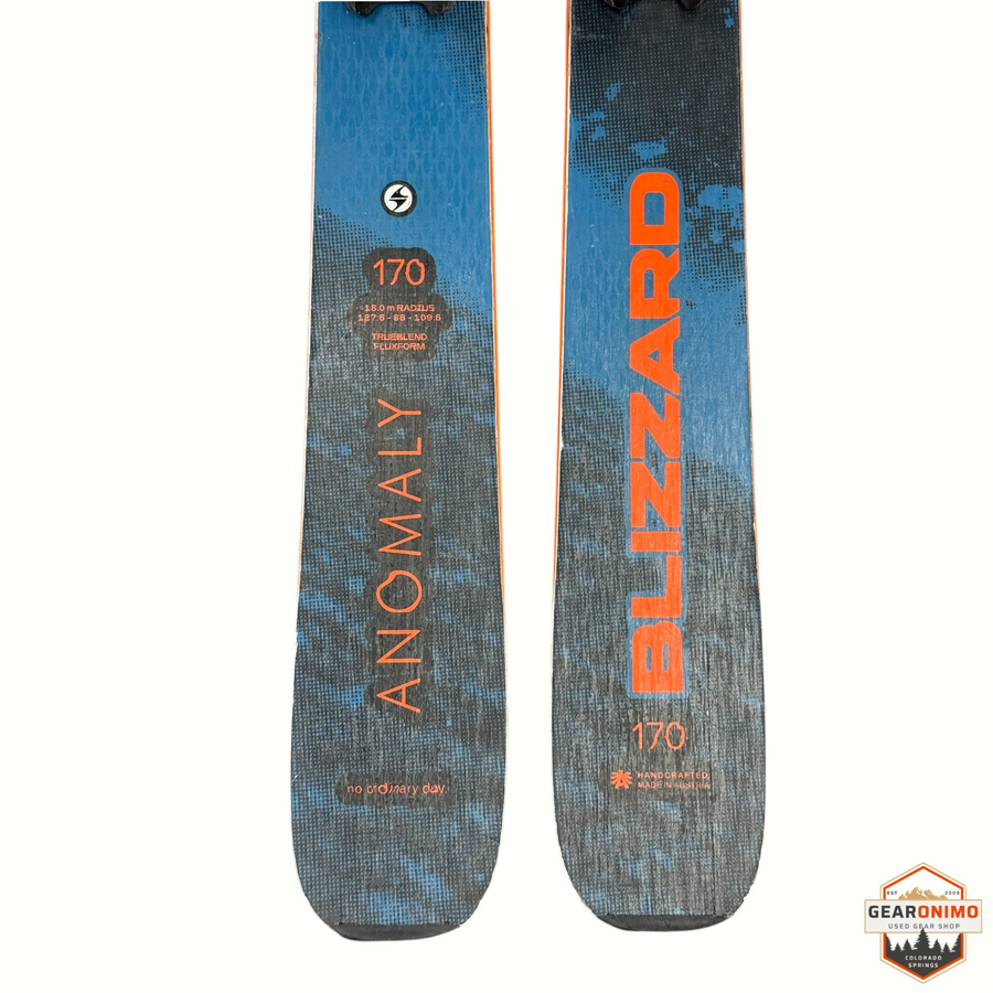 Gearonimo Sports Blizzard Anomaly 88 skis in 170cm length with blue and orange graphic topsheet design