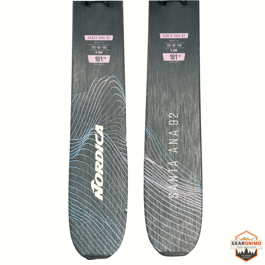 Gearonimo Sports Nordica Santa Ana 92 skis in 161cm with grey topsheet and topographic line graphics