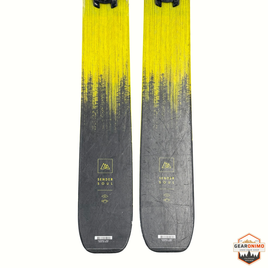 Gearonimo Sports Rossignol Sender Soul 102 skis in yellow and black with forest graphic and Look Nx 12 bindings